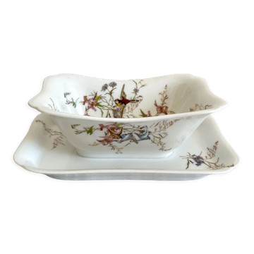 Rectangular sauce boat in Haviland Limoges porcelain with bird decoration