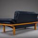 Danish teak and navy blue leather 2-seater sofa from Komfort, 1970s