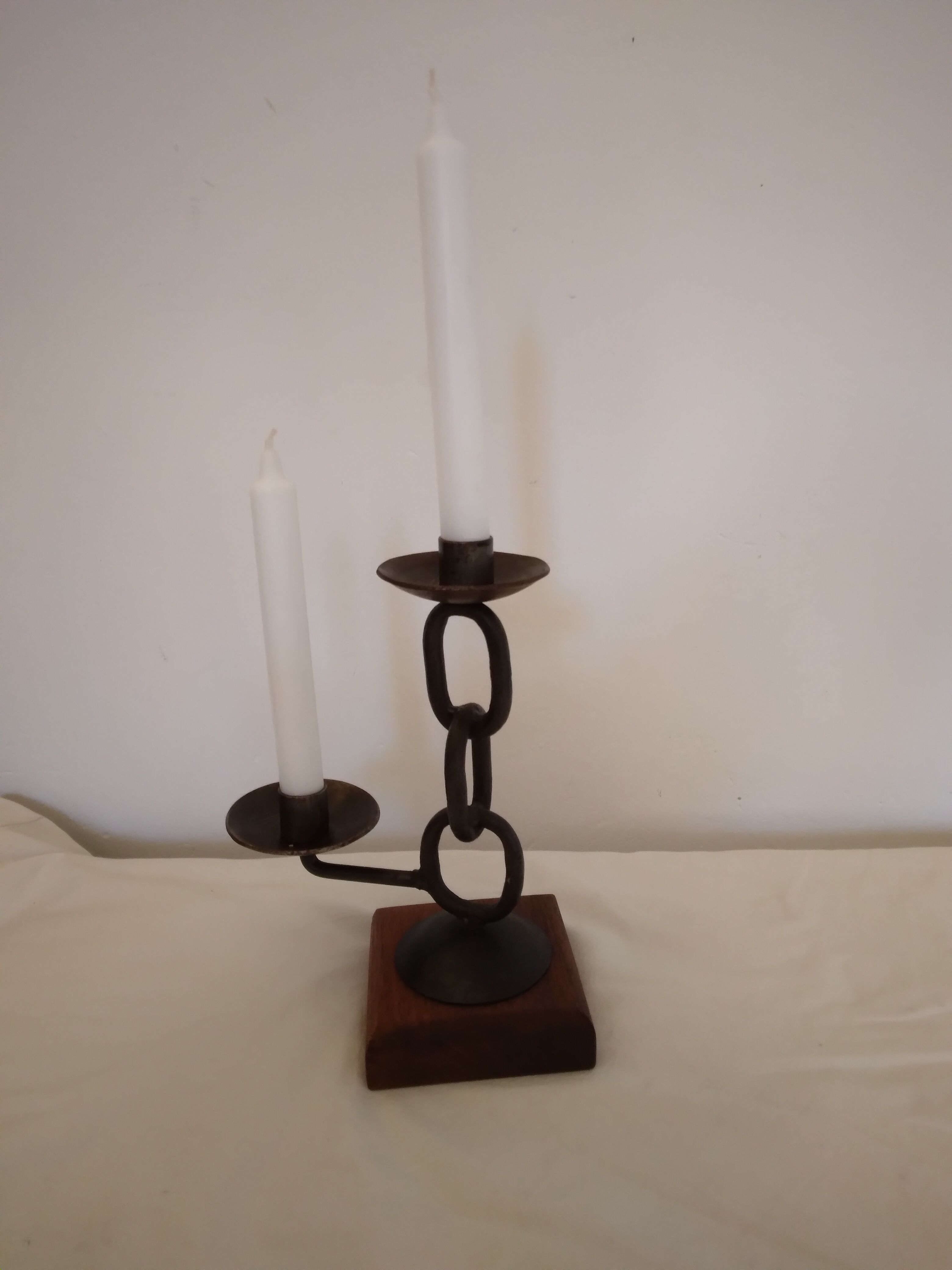 Double brutalist wrought iron candle holder