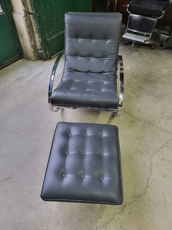 19th century rocking chair + footrest in skyl and chrome metal