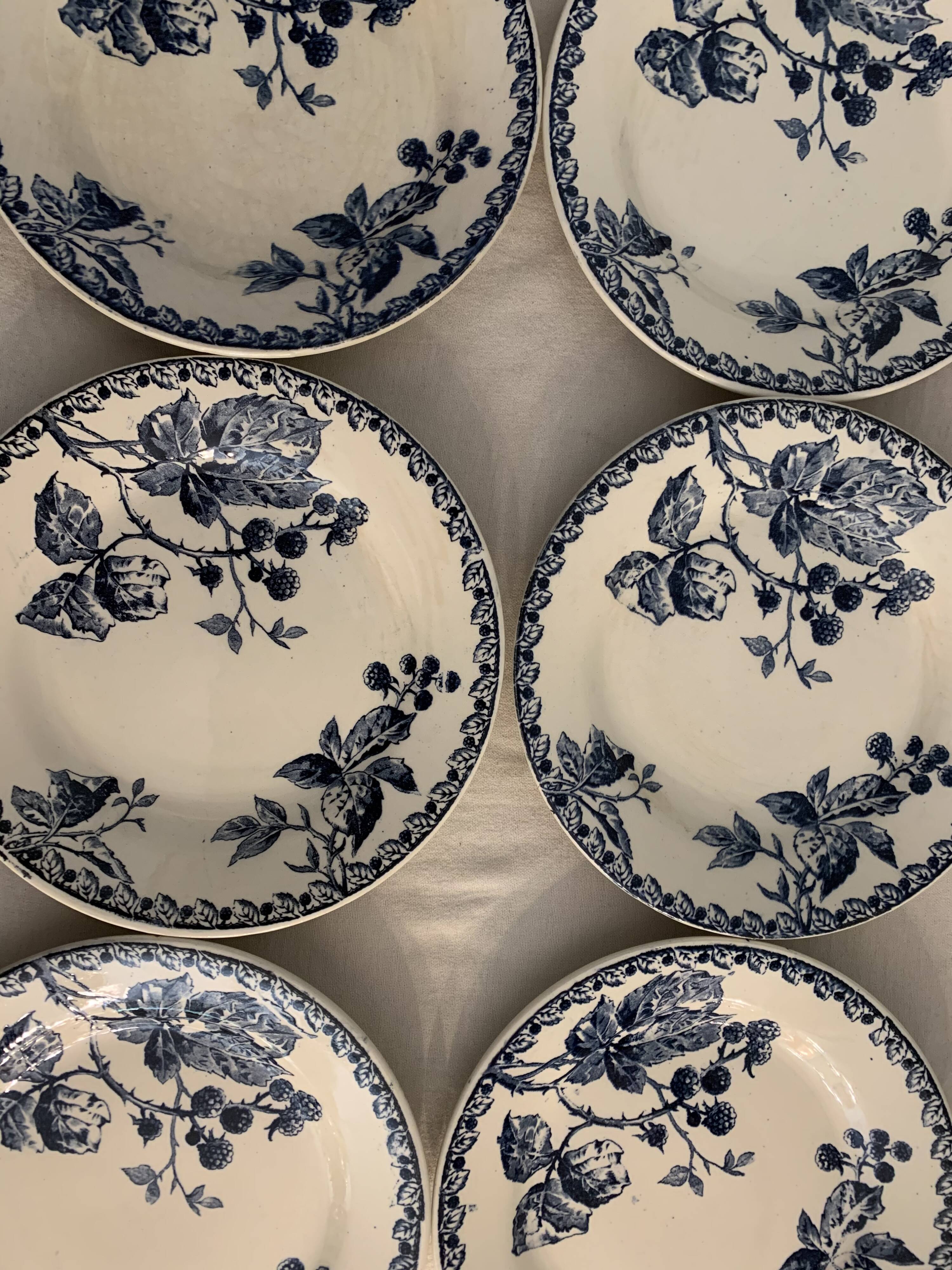 Series of 6 old flat plates in blue earthenware from Gien Iron Earth mature model