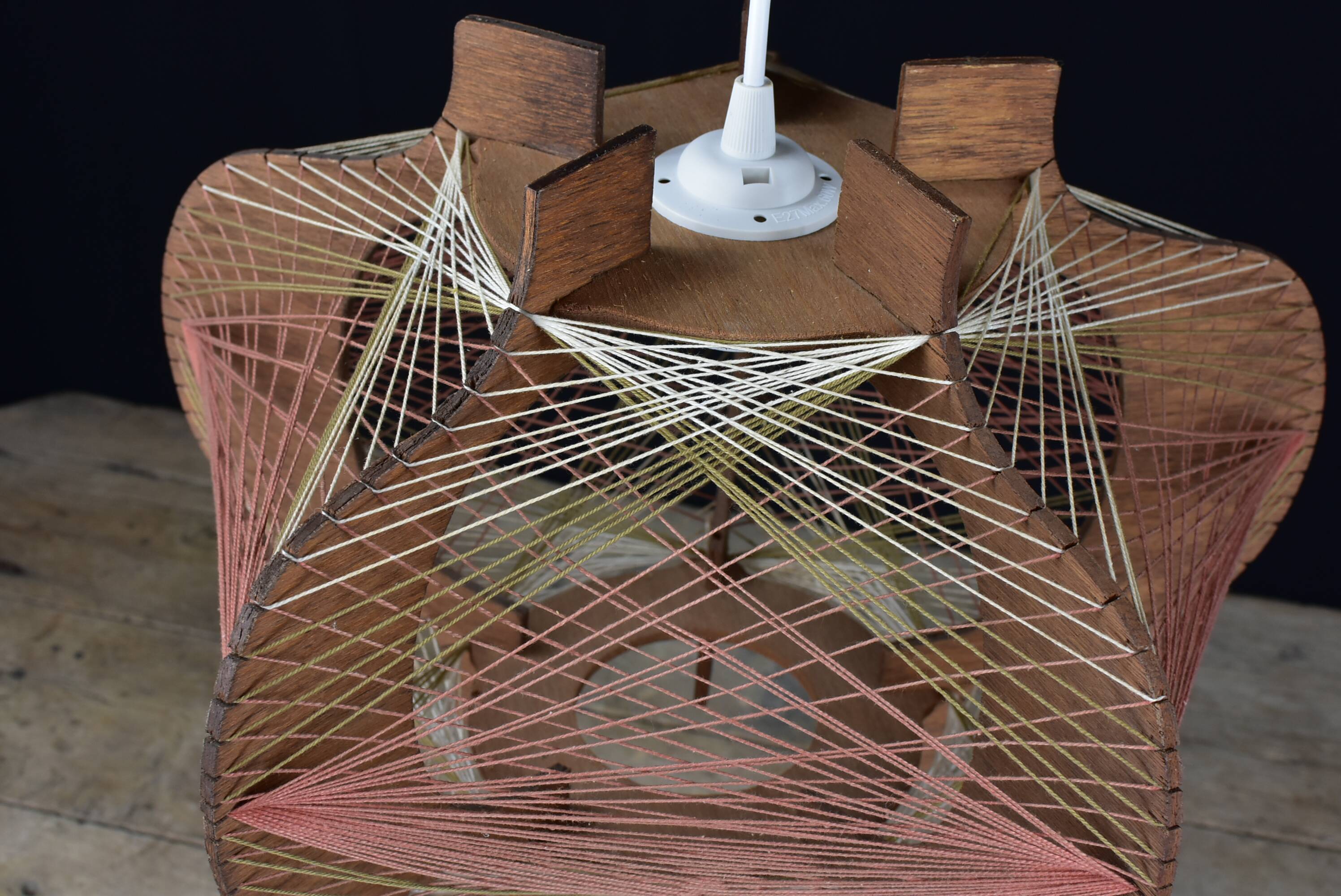 Vintage wood and thread pendant lamp