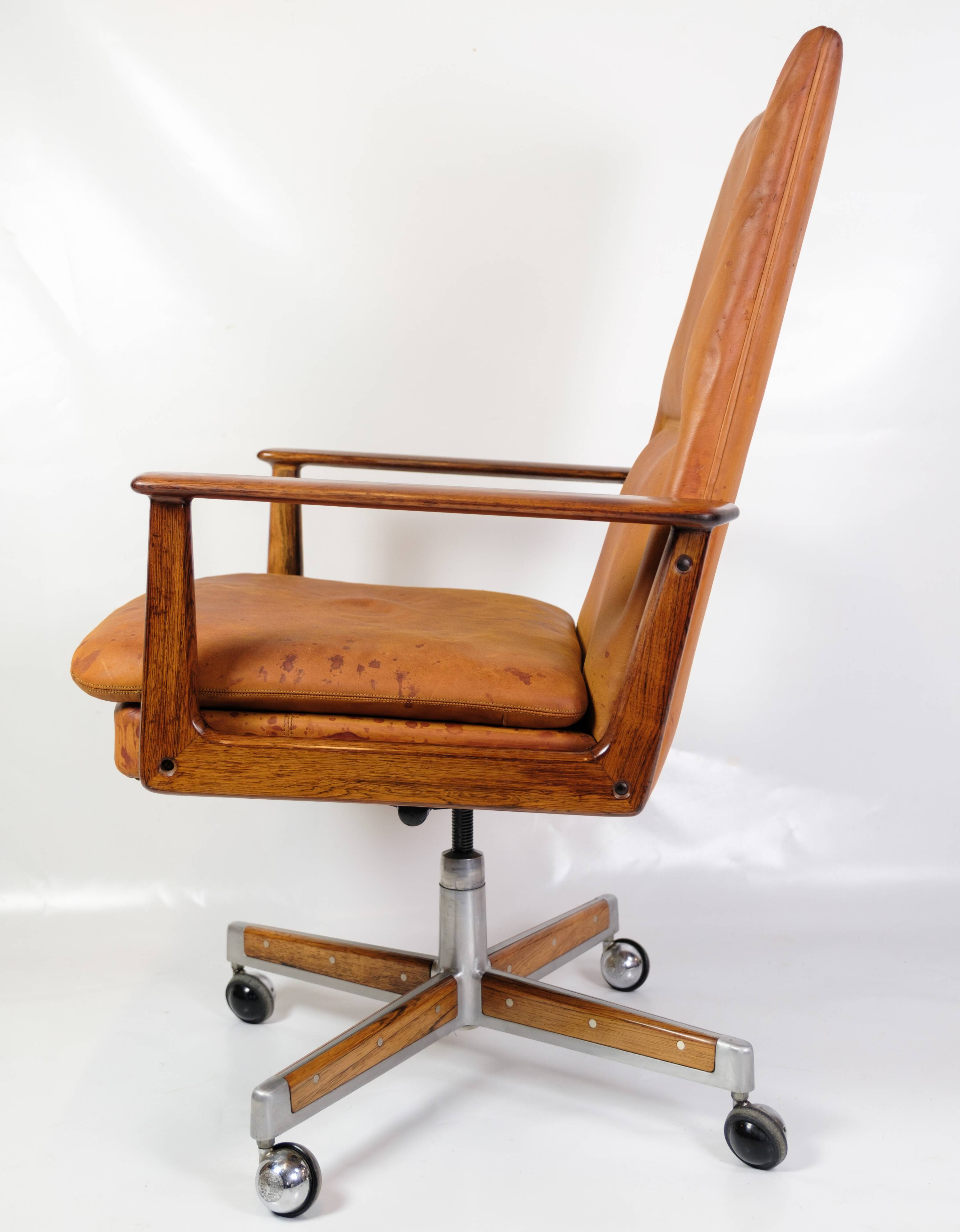 Office Chair Model 419 Made In Rosewood With Cognac Leather Seat By Arne Vodder For Sibast from 1960