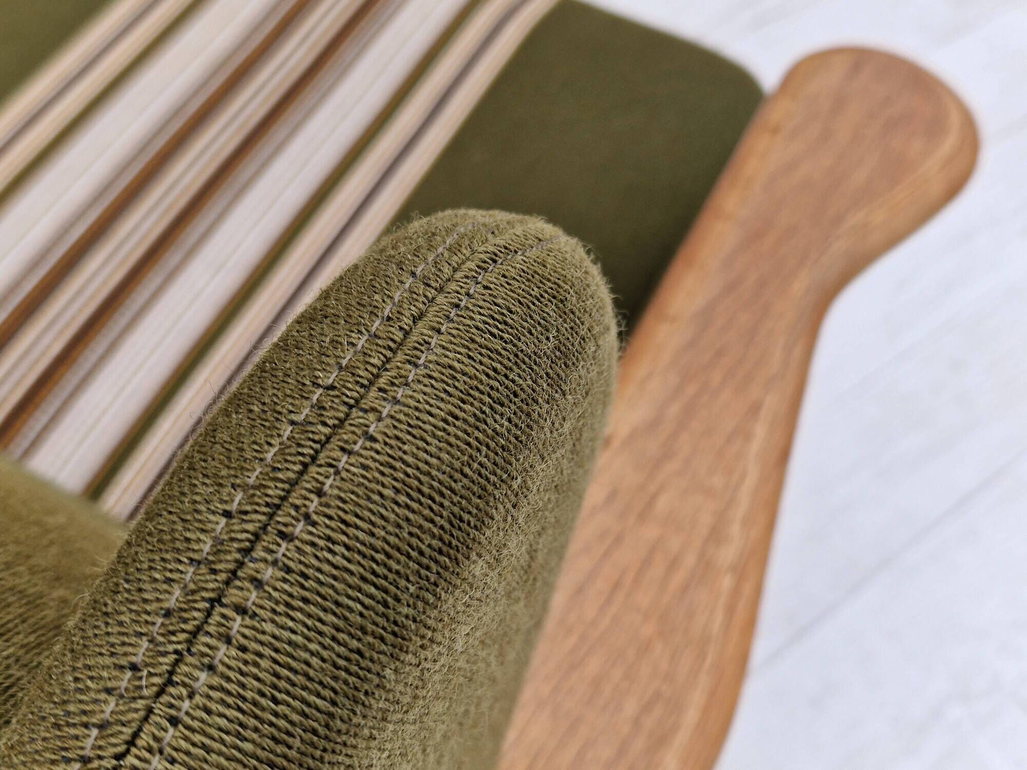 1970s, Danish vintage 3 seater, green fabric, oak wood, original condition.