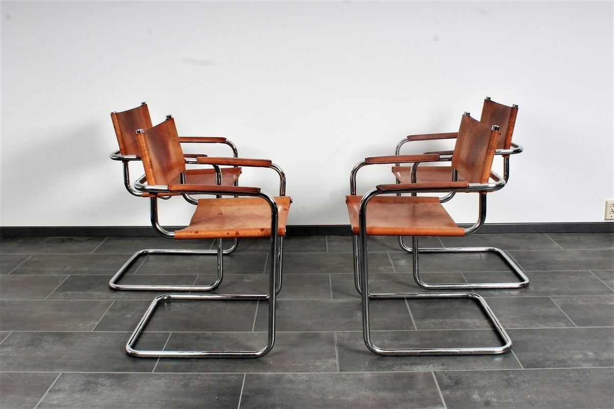 Set of 4 S34 style dining chairs in vintage cognac saddle leather by Mart Stam - Marcel Breuer