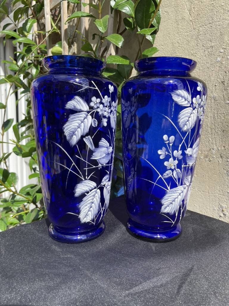 Pair of numbered white enamelled cobalt blue blown glass vases