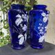 Pair of numbered white enamelled cobalt blue blown glass vases