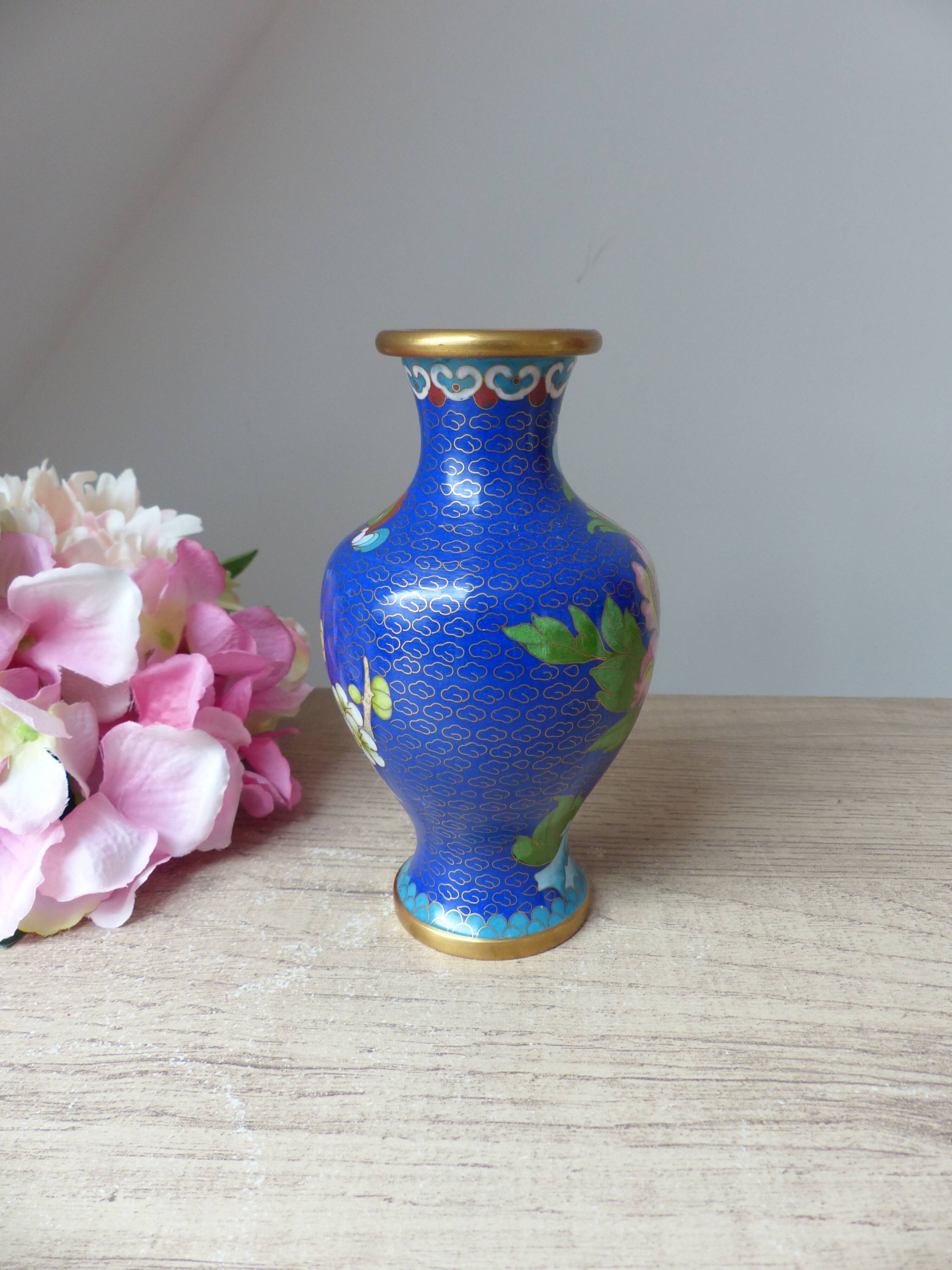 Old small blue cloisonné brass vase with pink peony flower motif