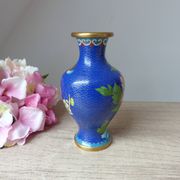 Old small blue cloisonné brass vase with pink peony flower motif