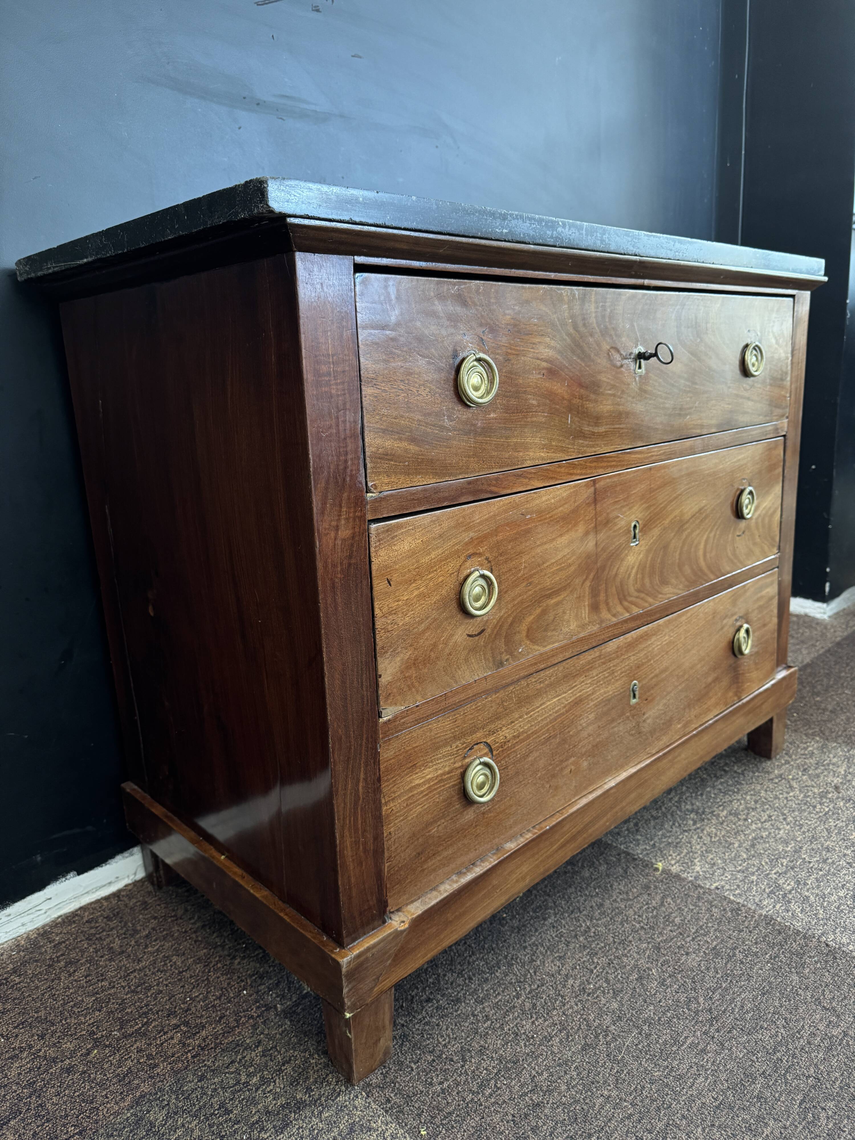 Empire style chest of drawers with 3 drawers and marble top - solid mahogany