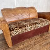 Art Deco club sofa in leather and leopard print