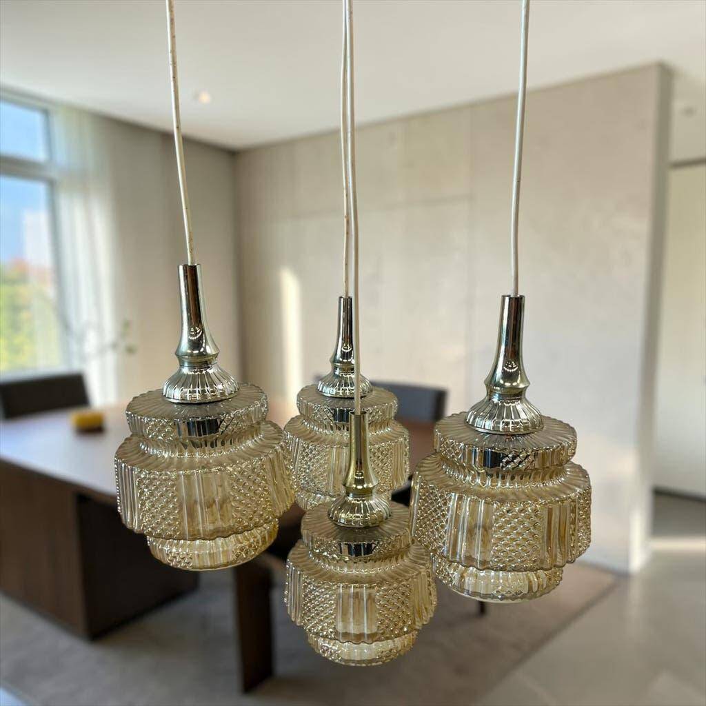 Vintage glass cascade chandelier with chrome.