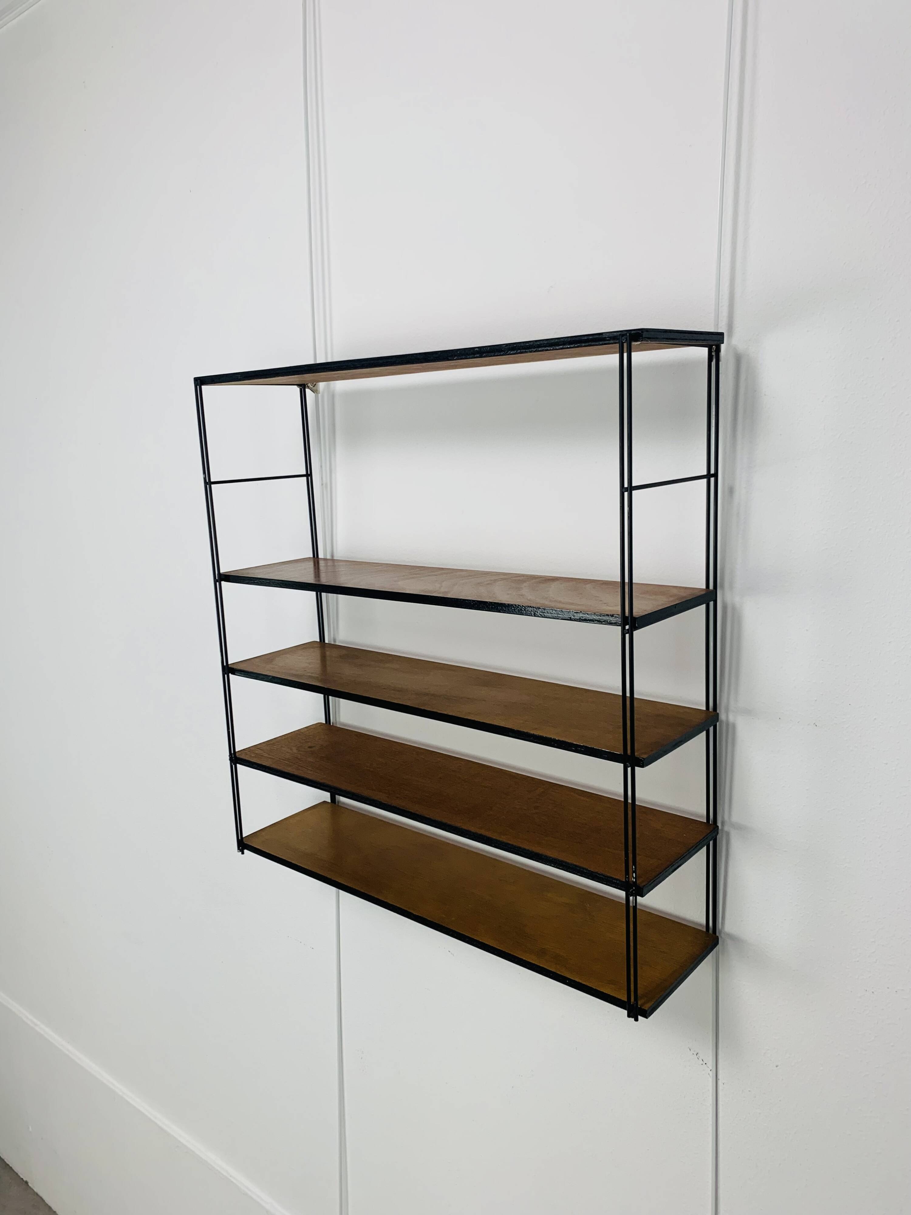 60s wall-mounted string shelf, wood and metal