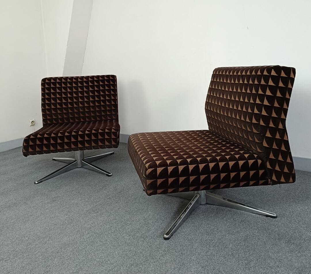 Pair of fabric and chrome steel armchairs, 1960s