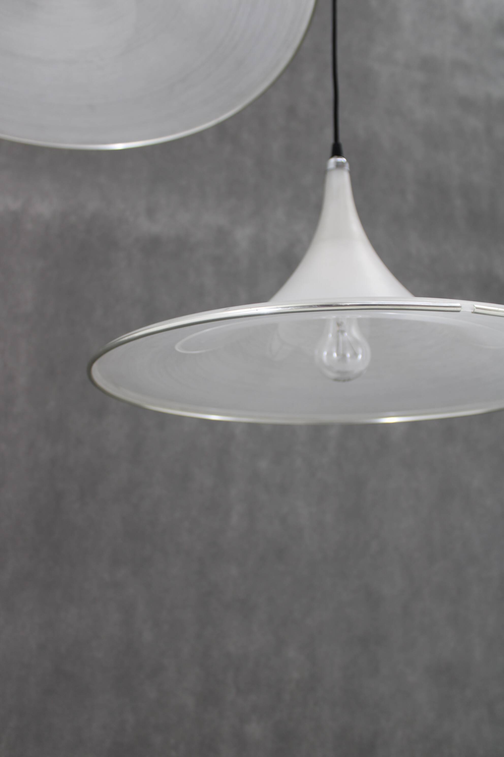 1970s Pair of Guzzini "Trumpet" Pendant Lamps by Meblo , Italy