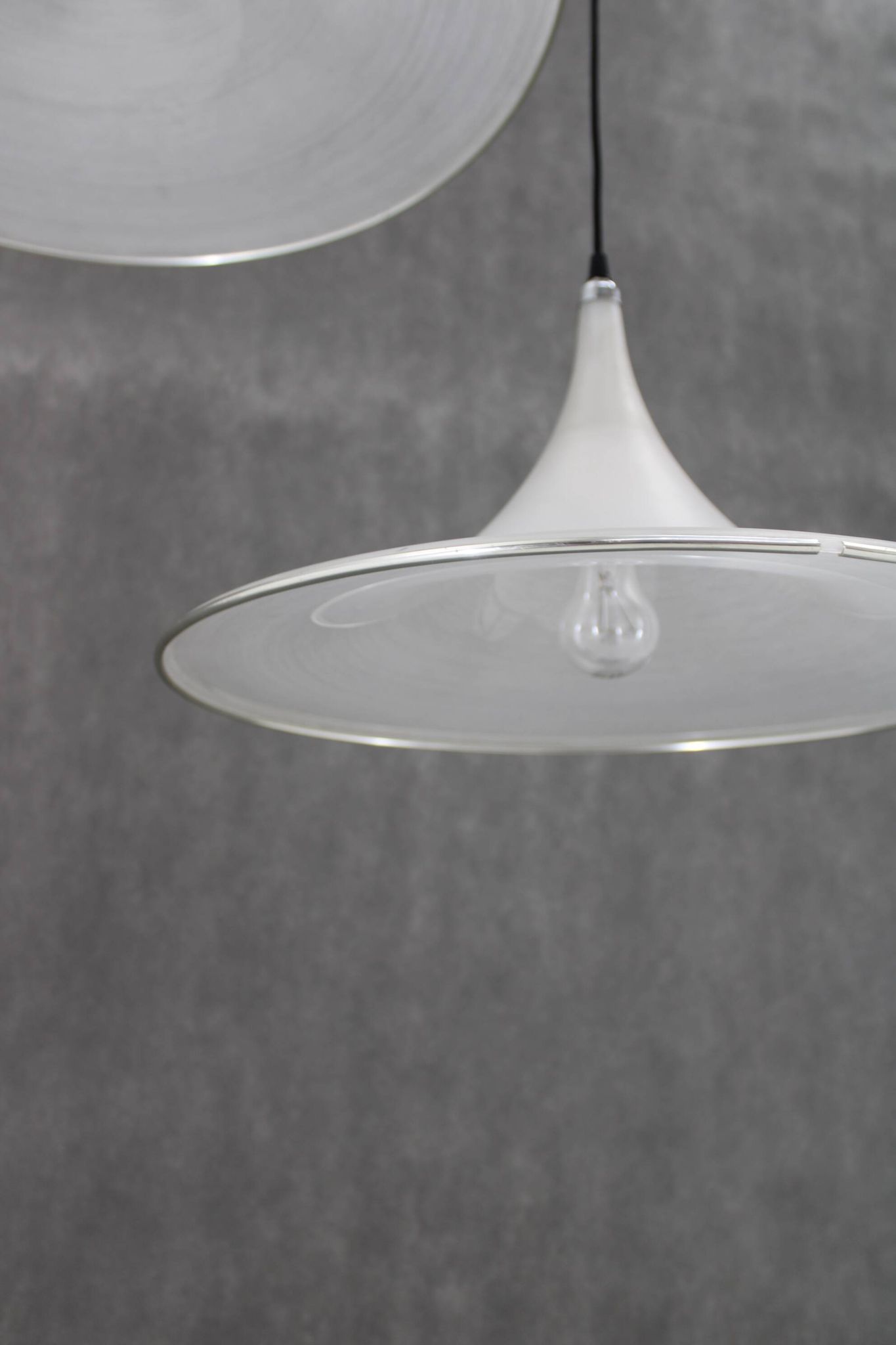 1970s Pair of Guzzini "Trumpet" Pendant Lamps by Meblo , Italy