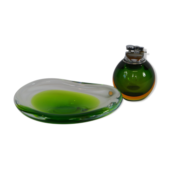 Ashtray and glass lighter of Green Murano attributable to Seguso