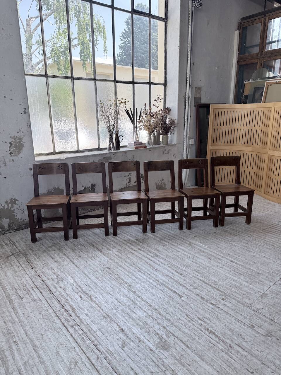 Set of 4 Savoyard pine folk art chairs from the 1950s.