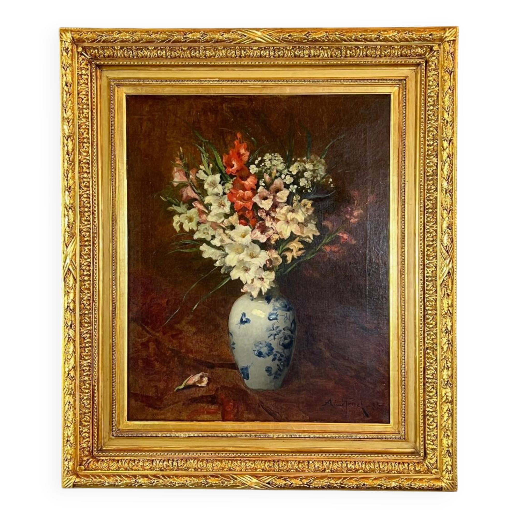 Oil on canvas painting Still life with flowers, Aimé Perret (1846-1927)