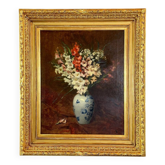 Oil on canvas painting Still life with flowers, Aimé Perret (1846-1927)