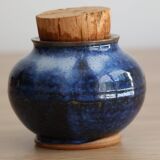 Blue glazed stoneware pot with cork stopper