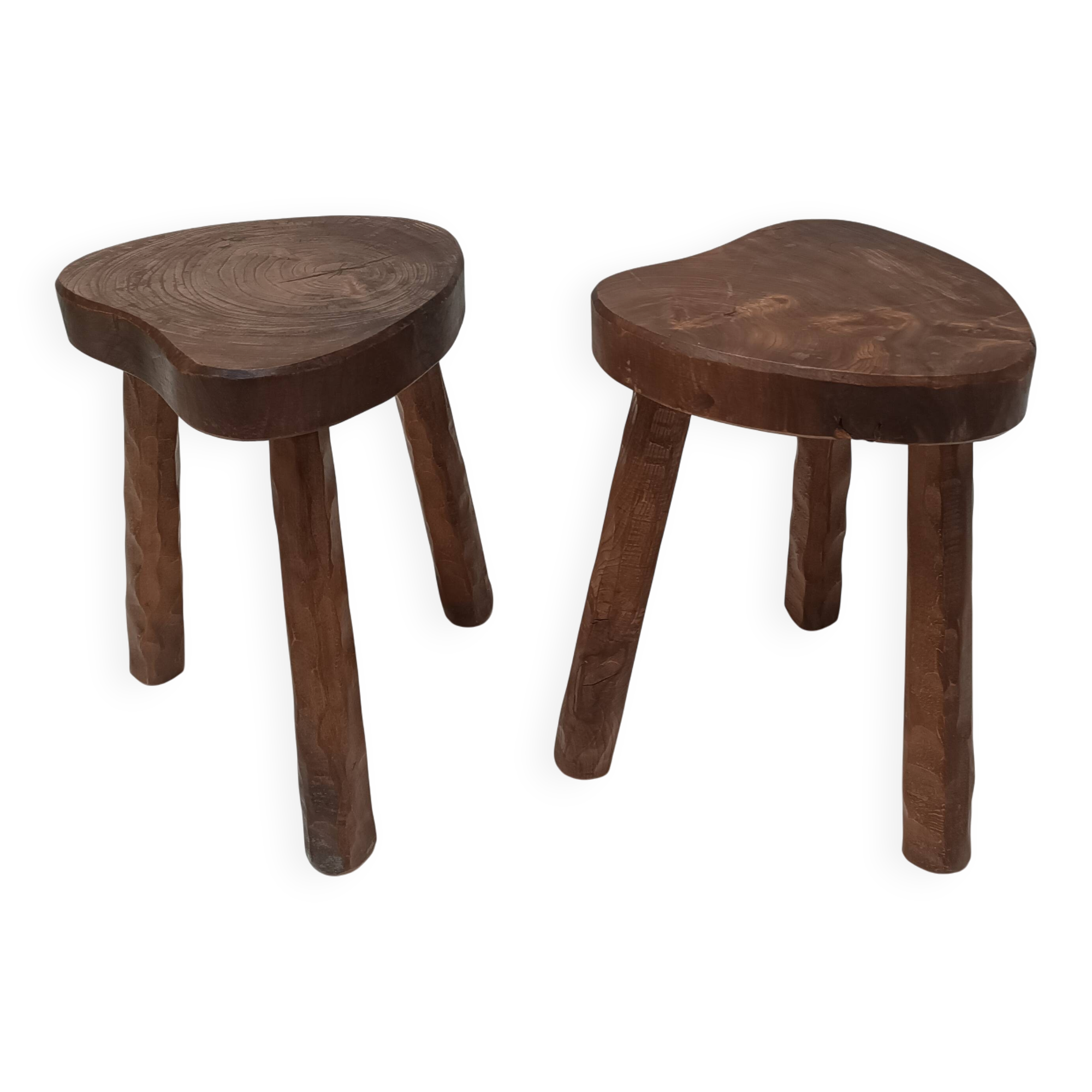 Pair of tripod stools in vintage 50s/60s brutalist elm.