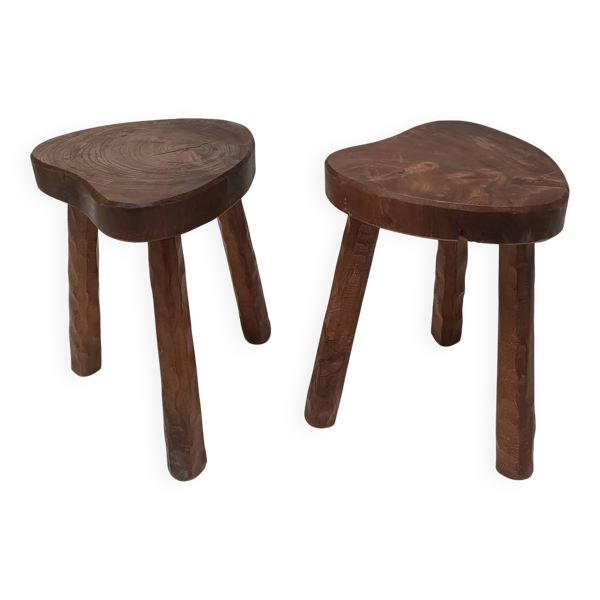 Paire de tabourets tripode  brutaliste en orme vintage 50/60