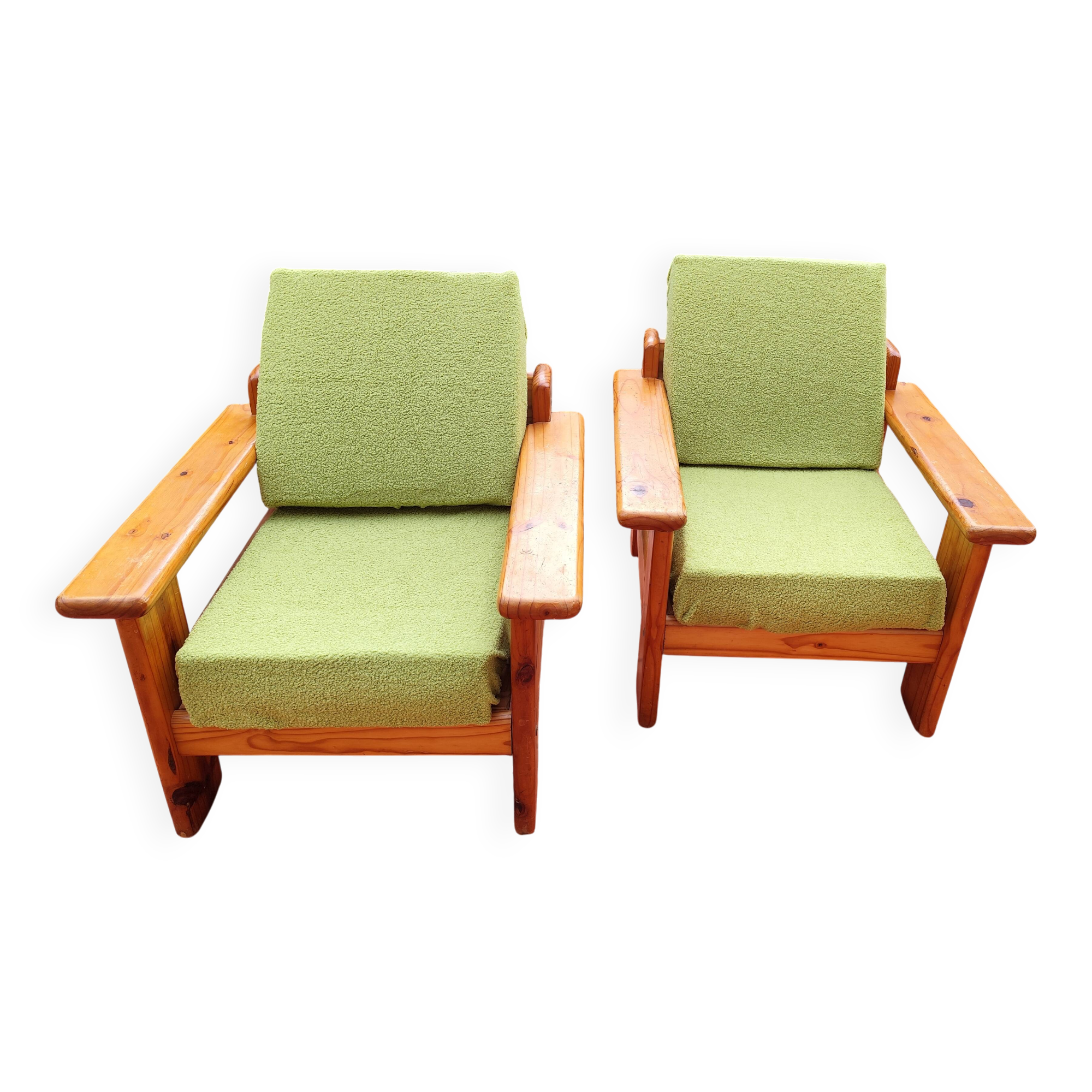 Pair of vintage brutalist armchairs in solid pine from the 80s DLG Regain