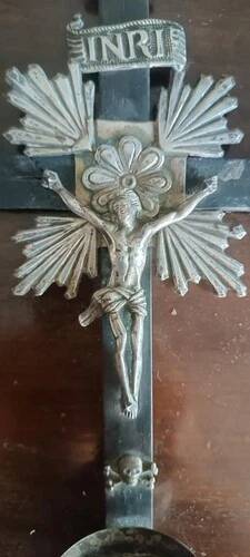 Ancient crucifix, silver-plated baptismal font from Naples, 19th century.