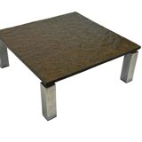Vintage Square coffee table with slat stone top and chromed steel base - 1960s