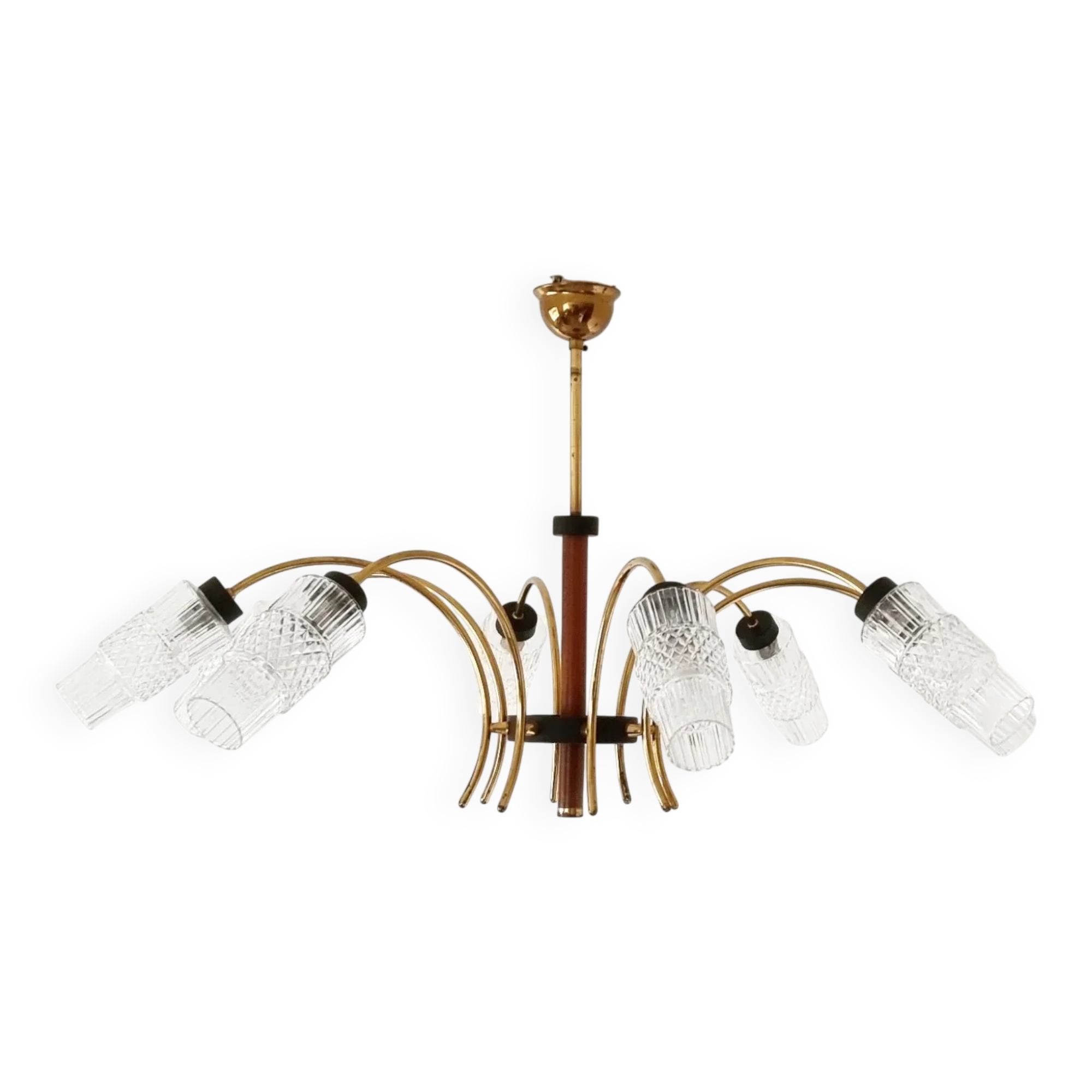 Lustre vintage en laiton et bois