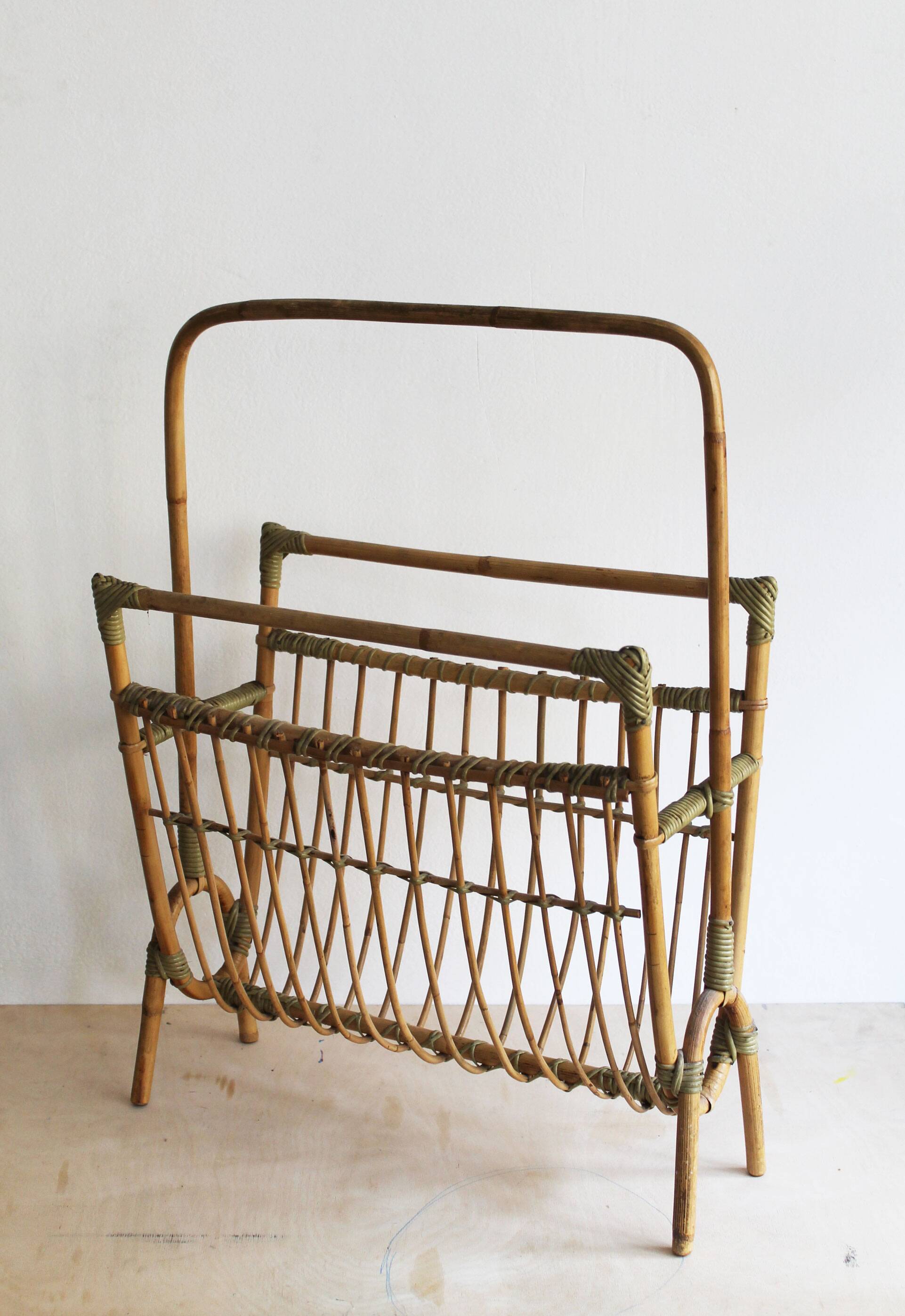 1960s Czechoslovak Rattan Magazine Rack with Tall Handle
