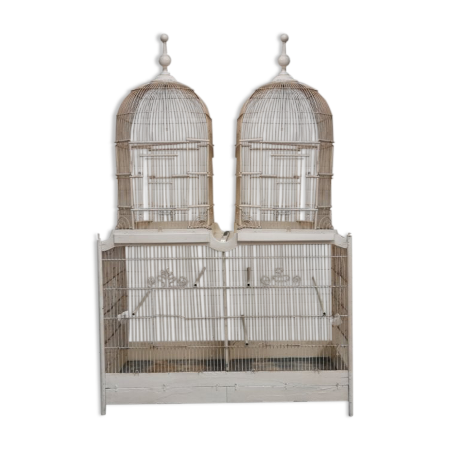 Double cage with birds in wooden metal white rectangular bell tower 1910