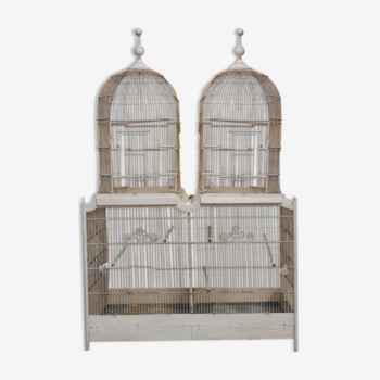 Double cage a oiseaux en bois métal blanc rectangulaire à clocher 1910