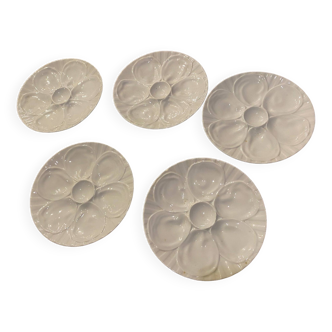 Set of 5 pillivuit france earthenware oyster plates, white color