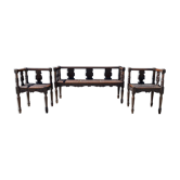 Bench set and two carved oak fire corners