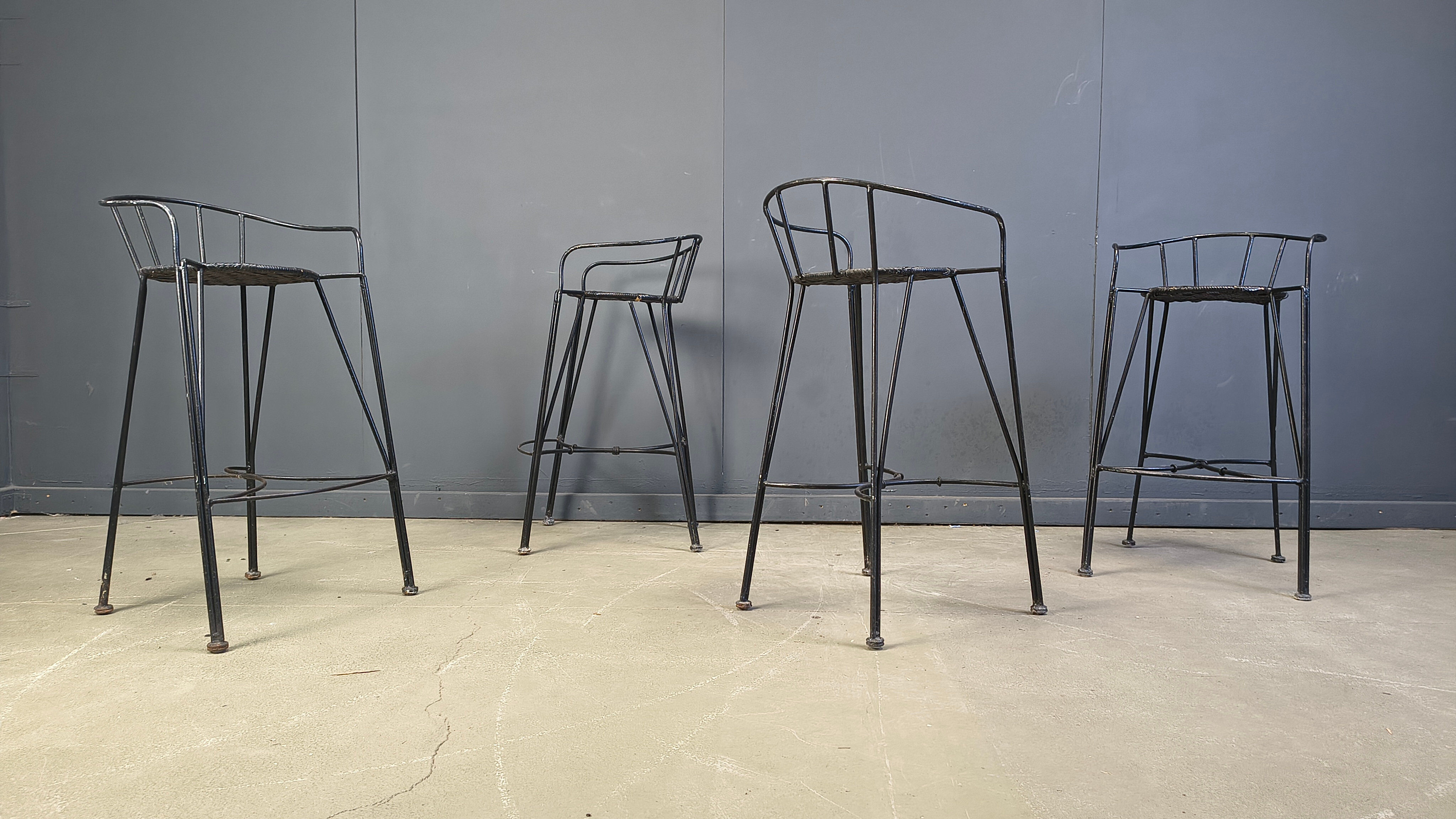 Tabourets de bar vintage en fer forgé et rotin, ensemble de 4 - années 1970