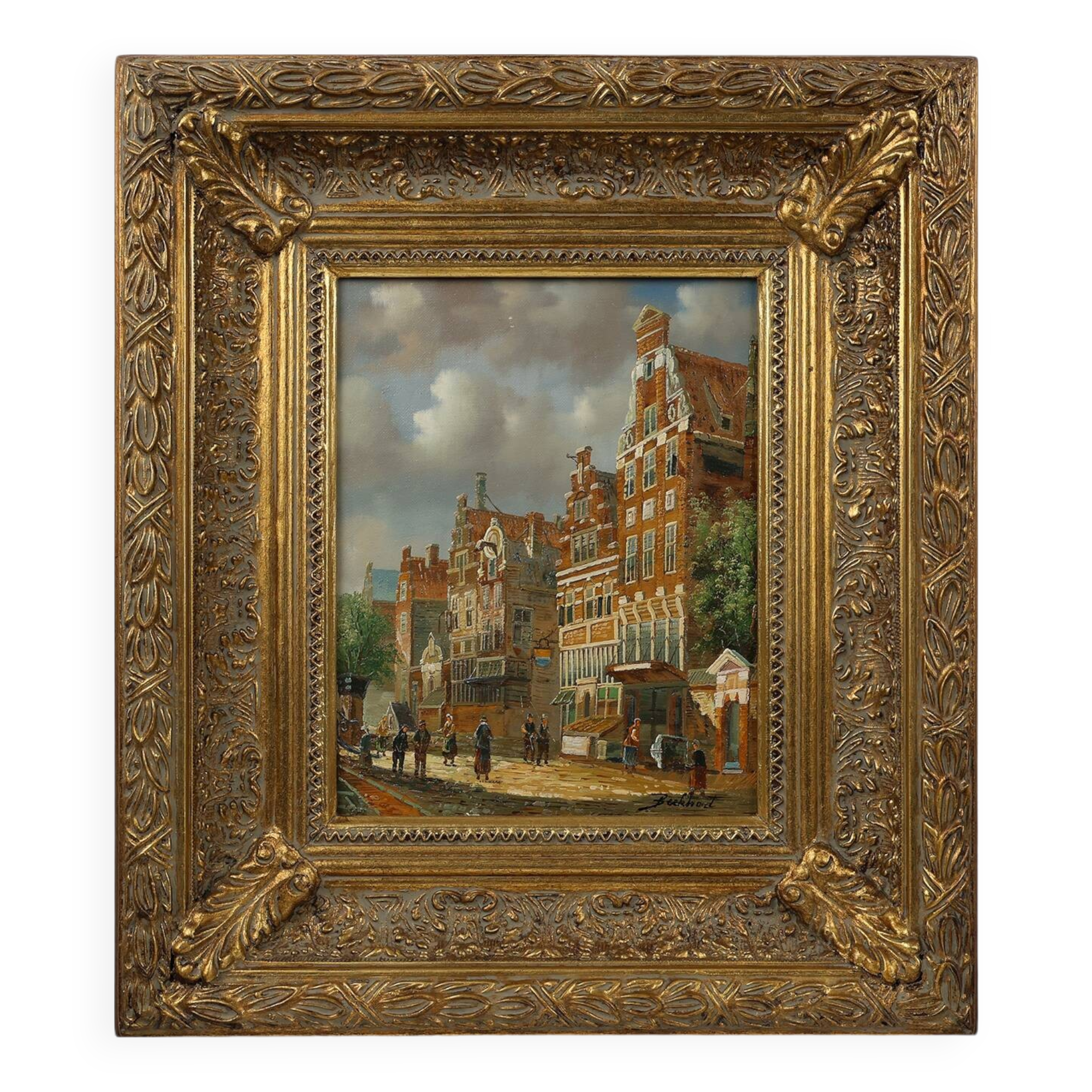 Realistic oil painting with baroque frame by Jan Berkhout (1937), The Netherlands