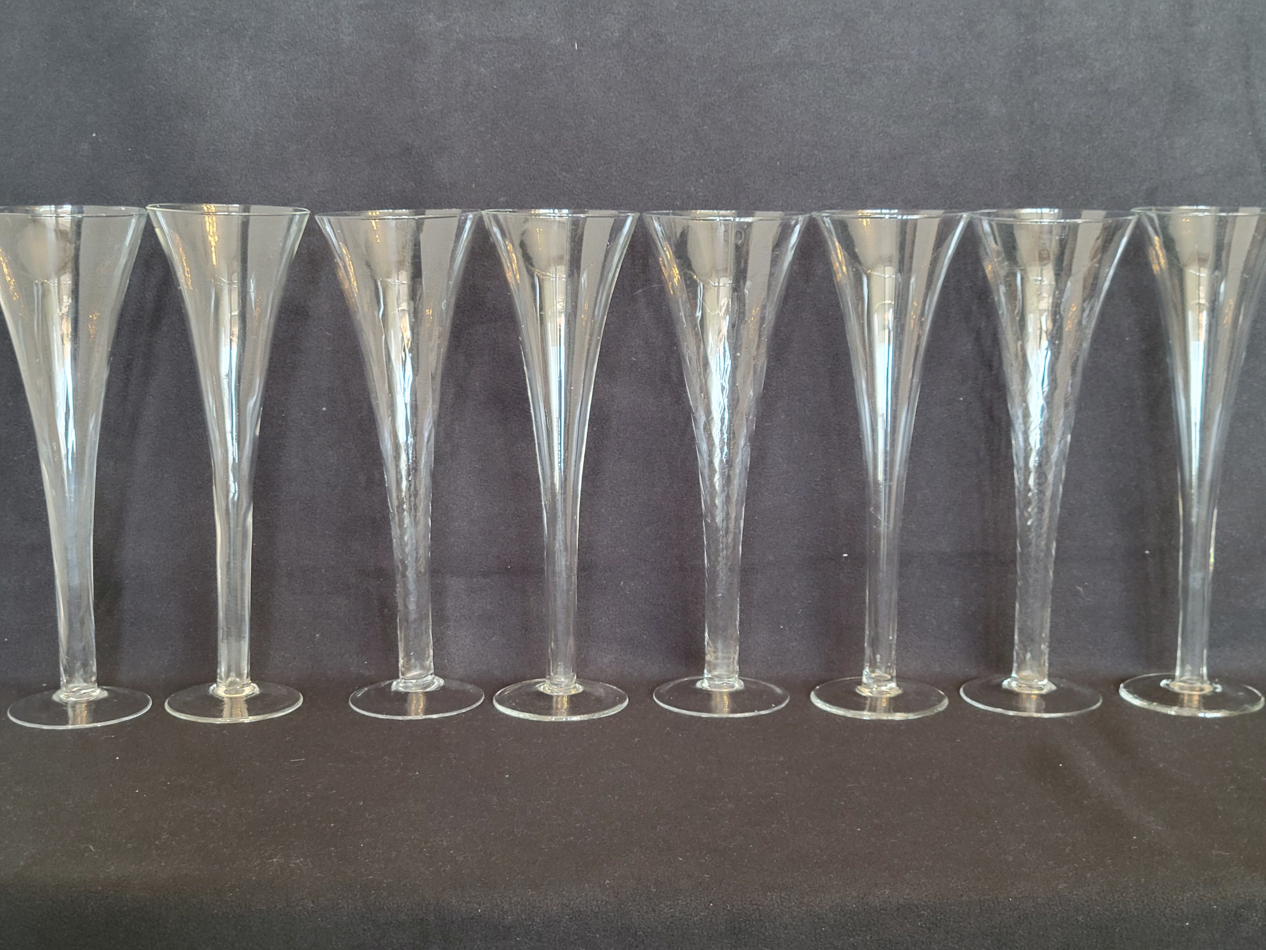 8 old champagne flutes evased blown glass model impossible