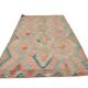 Tapis Kilim fait main en laine et coton vert et rouge