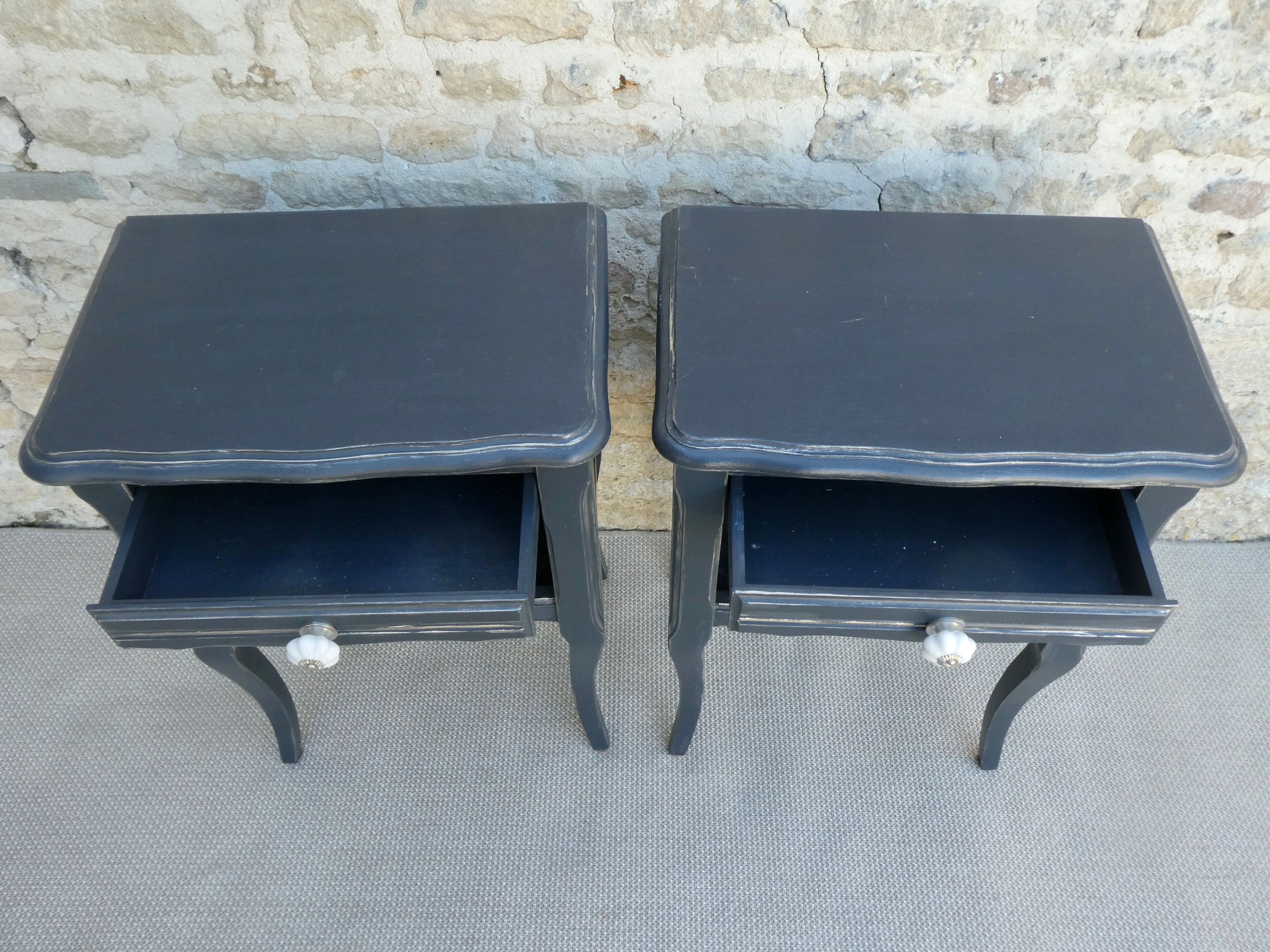 Pair of wooden bedside tables, gray patina