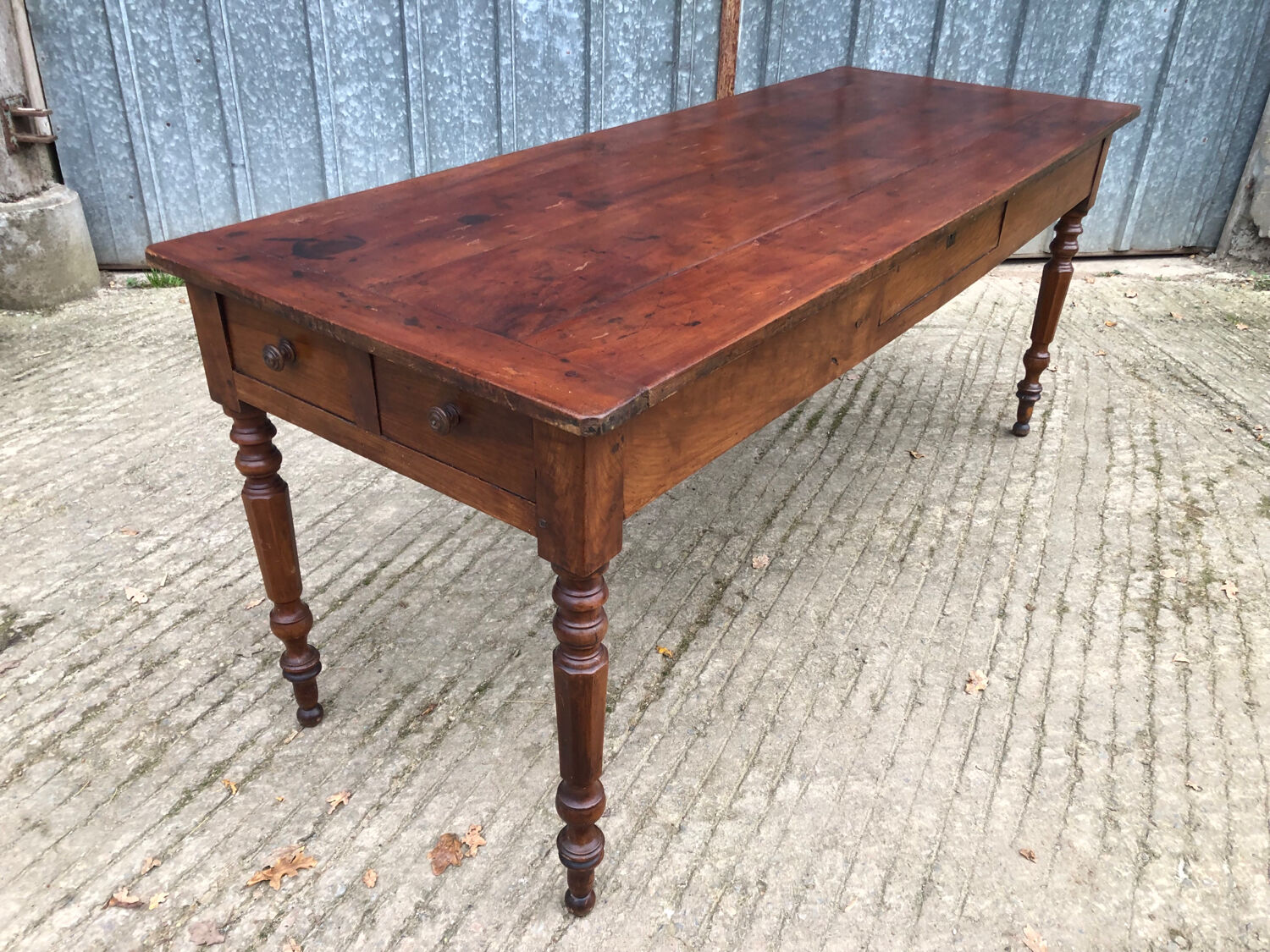 Antique farmhouse table in solid cherry wood with 4 drawers
