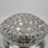Plafonnier vintage, bague chromée et abat-jour en verre bullé