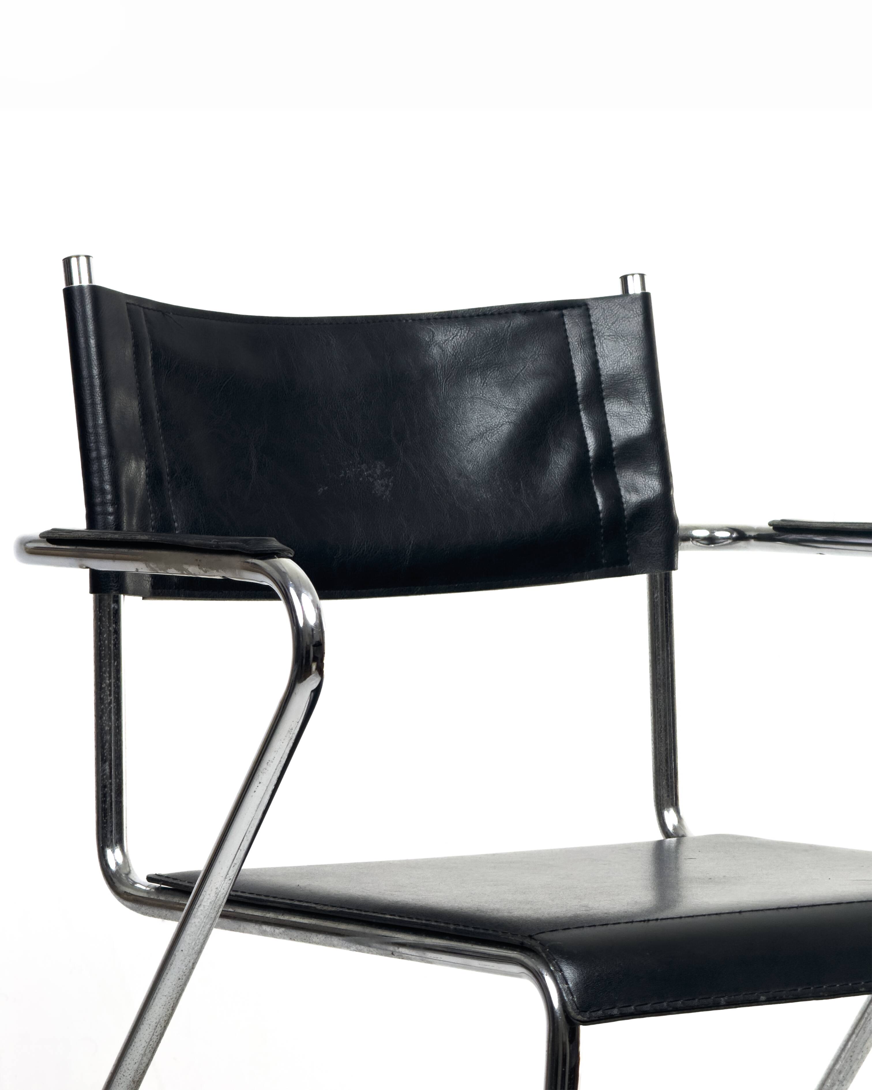 Vintage Cantilever Black Leather and Chrome Armchair , Set of 4
