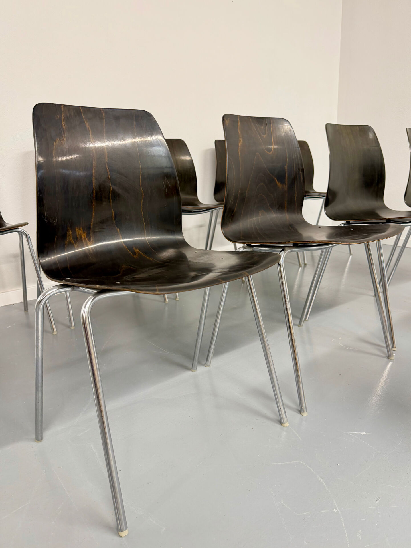 Set of 12 wooden and chrome chairs, Pagholz design from the 80s, vintage Pagwood.