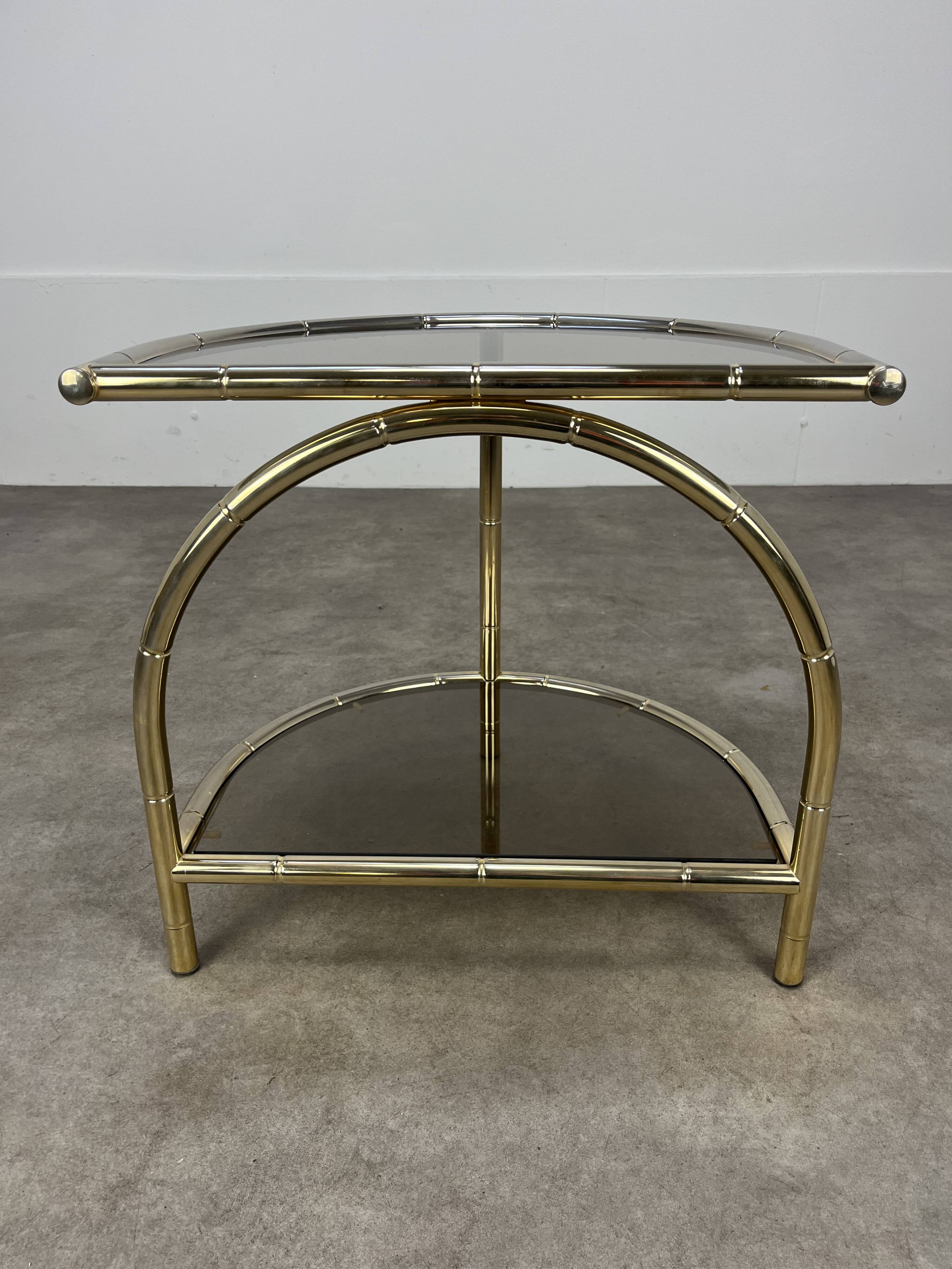 Hollywood Regency bamboo side table, gold and smoked glass, 70s