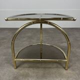 Table d'appoint bambou Hollywood Regency, dorée et verre fumé, 70's