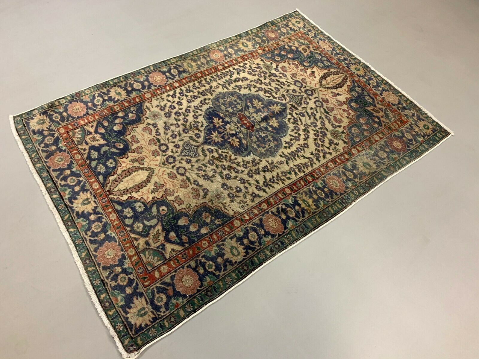 Distressed Turkish Rug 179x120 cm wool Vintage shabby Chic Tribal Blue, Beige