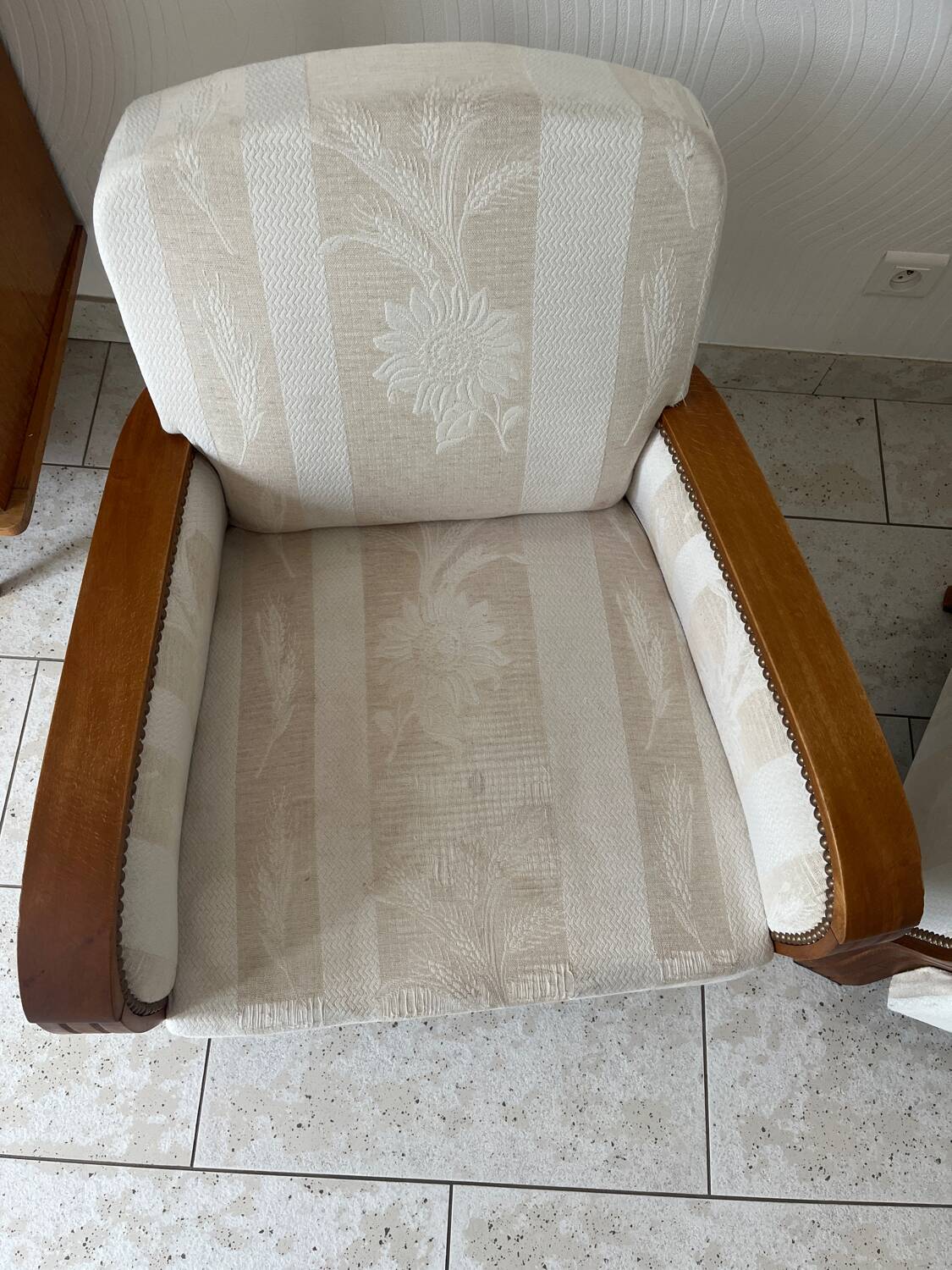 Pair of art deco armchairs in wood and floral fabric