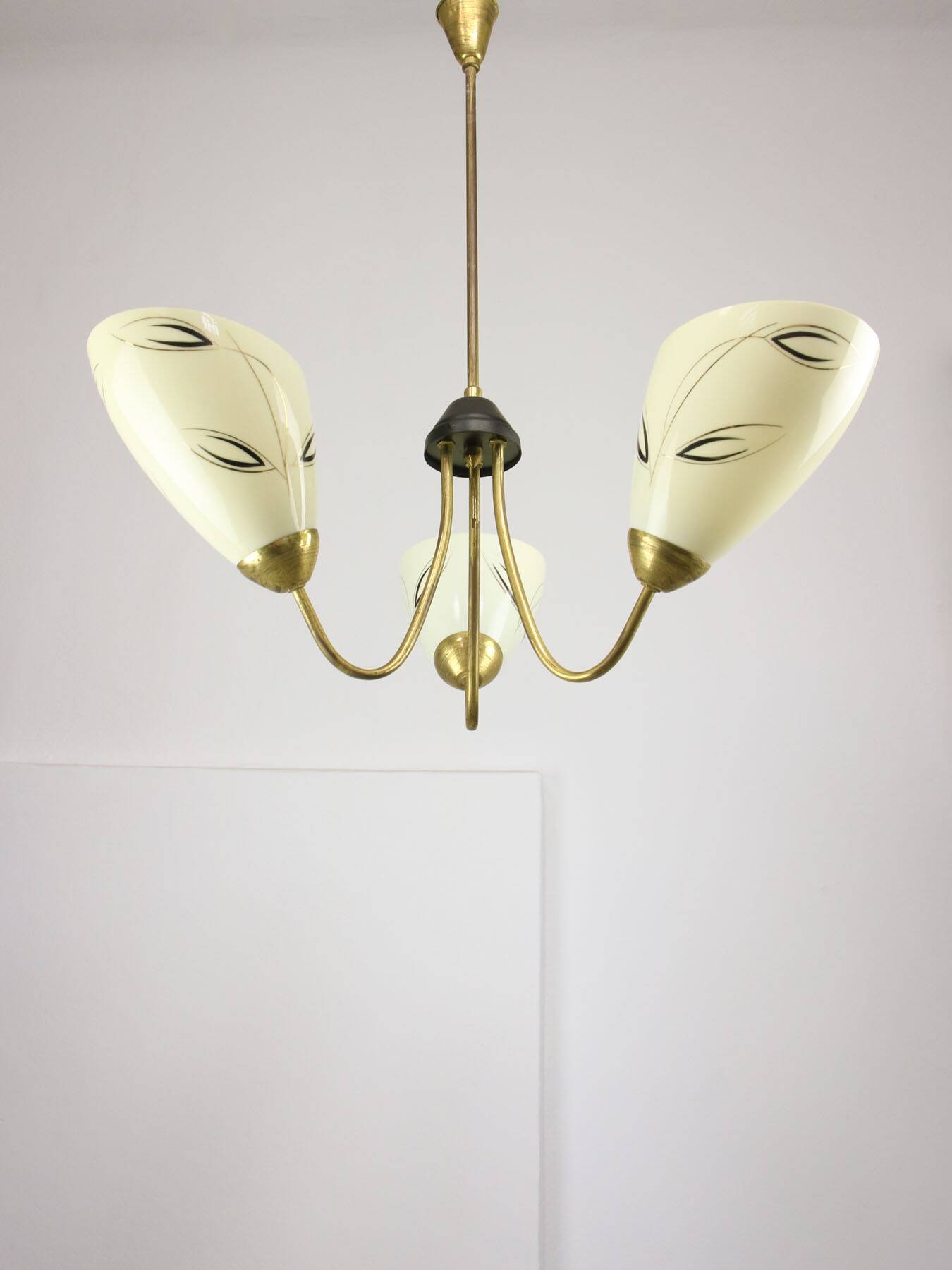 Italian Art Deco Chandelier in Brass and Yellow Glass, 1940s